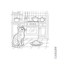 Коты кошки, котят: раскраска Кошка на кухне ждет обеда