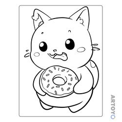 Раскраска Милый котик ест пончик — А4
