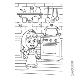 Маша на кухне — раскраска для распечатки