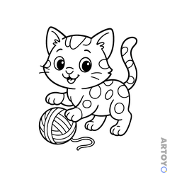 Раскраска «Пятнистый котёнок с клубком» из категории Коты кошки, котят