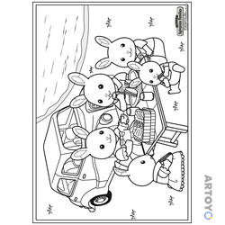 Раскраска Пикник Sylvanian Families, чёрно-белый контур
