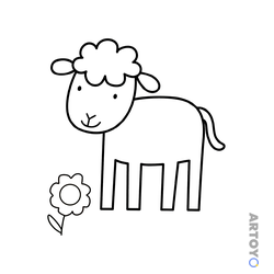 Стоящая овечка с густой чёлкой рядом с одним большим цветком