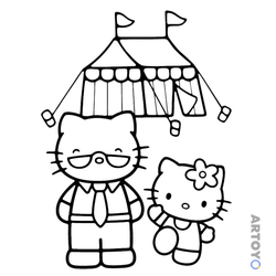 Раскраска Kitty с папой пошла в поход, чёрно-белый контур