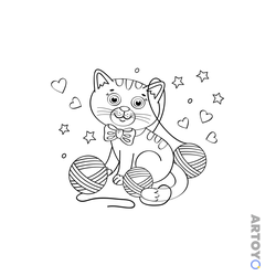 Раскраска Кот и нитки, чёрно-белый контур