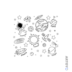 Космонавт, НЛО, две ракеты, Земля, Луна, Солнце, спутник и Сатурн с подписями