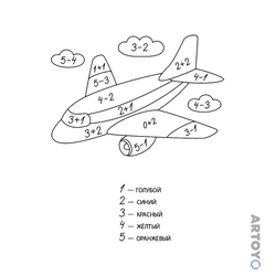 Раскраска Самолёт (сложение и вычитание до 10), чёрно-белый контур