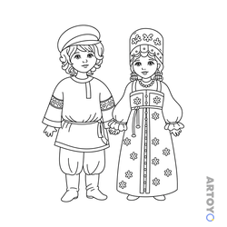 Раскраска Русский народный костюм, чёрно-белый контур