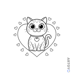 Кошечка на фоне сердец — раскраска для распечатки