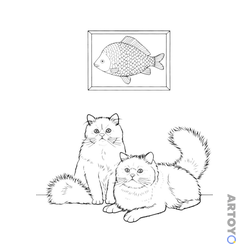 Раскраска «Два кота и картина с рыбкой» из категории Коты кошки, котят