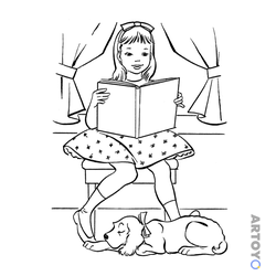 Девочка читает книгу в кресле, собака спит у её ног на ковре