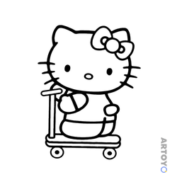 Раскраска Kitty катается на скейте, чёрно-белый контур