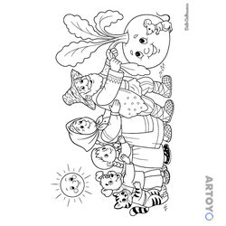 Из сказки Репка: раскраска Дедка, бабка, внучка, жучка и кошка тянут репку