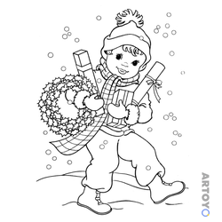 Раскраска Мальчик с новогодними украшениями, чёрно-белый контур