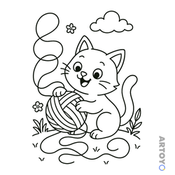 Коты кошки, котят: раскраска Кошка разматывает клубок