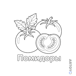 Два целых помидора с плодоножками и листьями, рядом половинка помидора с камерами и семенами