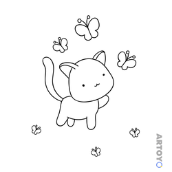 Раскраска Милый котенок с бабочками — А4