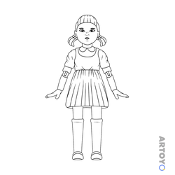 Раскраска Кукла из игры в кальмара, чёрно-белый контур