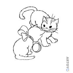 Раскраска Кошка с котенком, чёрно-белый контур